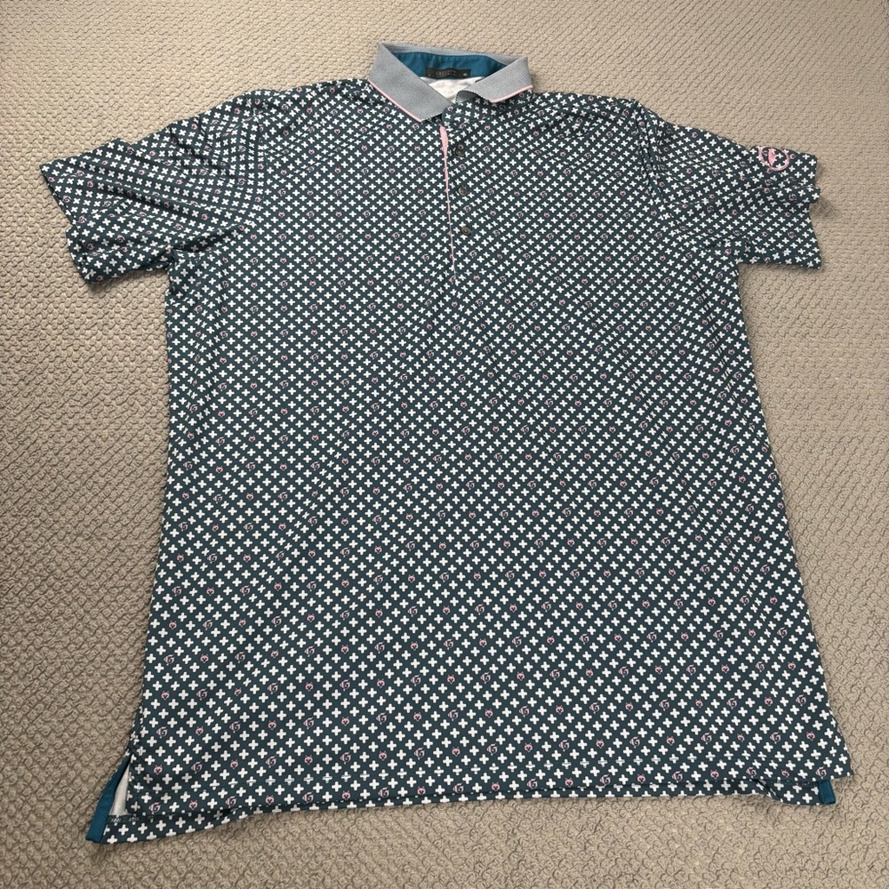 Greyson Teal and White Patterned Polo Shirt Wolf AOP pebble beach logo on sleeve